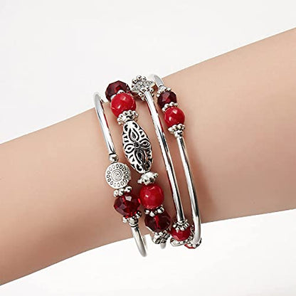 FULU AUTUMN Stackable Beaded Bracelets for Women Boho Wrap Silver Bracelet Layered Fashion Jewelry Gifts for Her - color: Red
