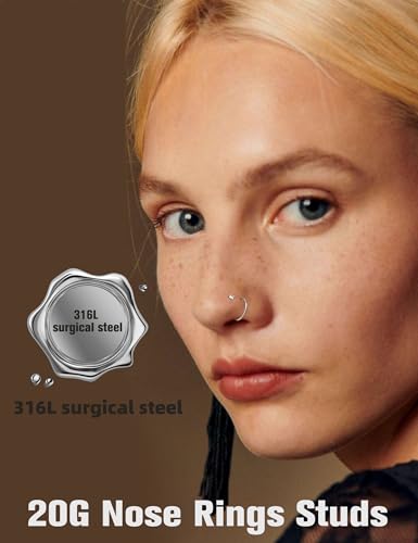 8PCS Titanium Nose Rings Stud, Gold Nose Ring for Women Men Hypoallergenic Nostril Hoops L Shape Nose Studs Corkscrew CZ Nose Piercing Jewelry Silver 18G & 20G Nose Ring Studs 2/2.5/3mm - style: Silver-8pcs nose stud