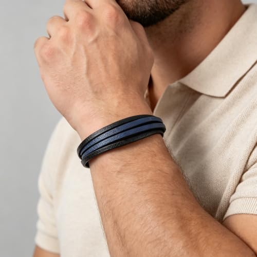 Italian Handmade Leather Bracelets for Men - color: Black Blue, size: 8.2"