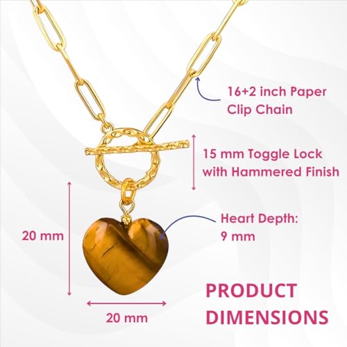 Gempires Gemstone Heart Pendant Necklace for Women, Gold Toggle Birthstone | Handmade gemstone heart pendant necklace — choose from 11 stones and birthstones, gold toggle paperclip chain. - color: Tiger Eye
