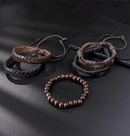 Tornito 15Pcs Braided Leather Bracelet Boho Cuff Wrap String Wood Bead Woven Ethnic Stretch Wristbands Bracelets Set for Men Women Size Adjustable - style: A:15Pcs(Brown)