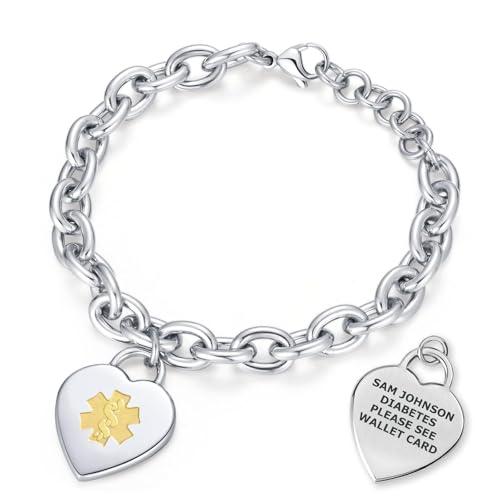 Custom Engraved Medical Alert ID Bracelet for Women | Heart Charm Medical ID Tag | Adjustable Curb Chain with Lobster Claw | Stainless Steel, Durable & Waterproof | Fits Wrists 8.5" (Silver) - style: PVD 2-Tone