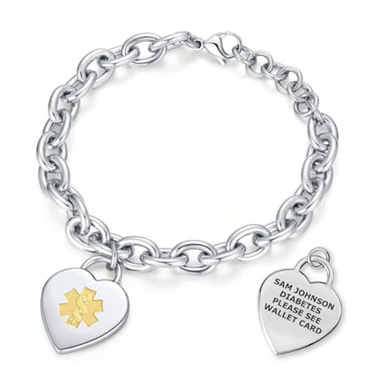 Custom Engraved Medical Alert ID Bracelet for Women | Heart Charm Medical ID Tag | Adjustable Curb Chain with Lobster Claw | Stainless Steel, Durable & Waterproof | Fits Wrists 8.5" (Silver) - style: PVD 2-Tone