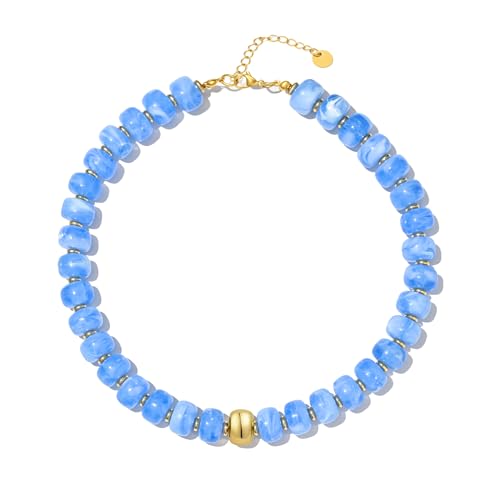 Boho Colorful Chunky Beaded Necklace for Women Trendy Resin Statement Choker Necklaces Summer Beach Style Womens Vacation Fashion Jewelry Gifts Accessories - color: Blue-2