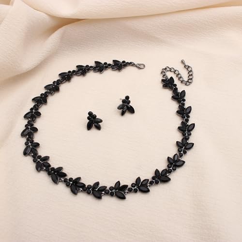 Bridal Wedding Crystal Leaf Choker Necklace Dangle Earring Bracelet Brides Bridesmaid Jewelry Set for Women - color: Black-Jet