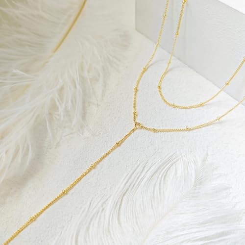 HERIER Lariat Gold Necklace for Women, Dainty Long Necklace 14k Gold Plated/Silver Y-Shaped Layered Beaded Chain Drop Necklaces for Women Trendy Simple Gold Jewelry for Women Gifts - color: Y Small Layered Bead-Gold