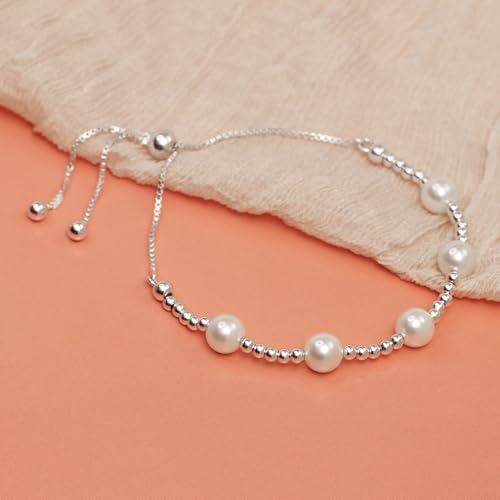 LeCalla 925 Sterling Silver Sliding Bolo Bracelet | Adjustable Beaded Tennis Bracelets for Women | Adjustable Slider Bolo Bracelets Gifts for Her - color: Simulated Pearl Beaded Bolo