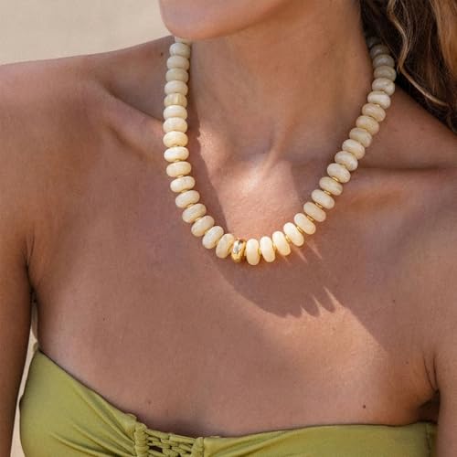 Beaded necklace for Women Boho Bead Gemstone Chunky Necklace Big Bead Necklace Fashion Trendy Summer Necklaces Jewelry Gifts - color: White&GD Beaded