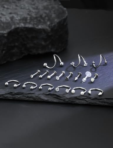 16G Horseshoe Lip Rings 316L Surgical Steel Medusa Labret Snake Bite Monroe Lip Ring 16 Gauge Tragus Forward Helix Conch Cartilage Lobe Earrings Stud Piercing Jewelry For Women Men - color: Silver