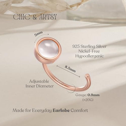 CHIC & ARTSY 925 Sterling Silver Half Hoop Earrings for Women, Dainty Huggie Hoops with Synthetic Opal, Moonstone, CZ & Gemstones, Lightweight Comfort Fit Everyday Elegant Jewelry - color: Synthetic Moonstone/Rose Gold Plated Silver