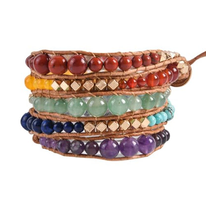 YGLINE Natural Stone Wrap Bracelet for Women Boho Bracelets Healing Crystal Beaded Bracelet Adjustable 3/5 Wraps Bracelet Handmade Birthday Gifts for Women - color: chakra beads