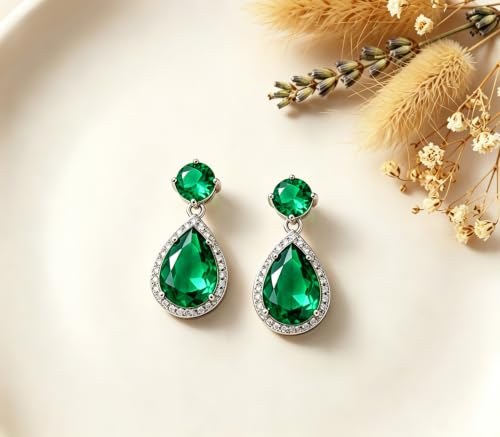 Drop Dangle Earrings Teardrop Gemstone Waterdrop White Gold Plated Crystal Hanging Cubic Zirconia Ruby Sapphire Emerald Jewelry Gift for Women Mother Wife - color: Green