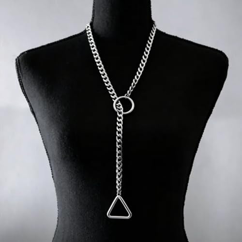 Heart O Ring Slip Chain Choker Necklace for Women Men Stainless Steel Cuban Chain Y-shape Necklaces Punk Rock Collar Adjustable Lariat Y Necklace Prom Necklaces Jewelry - color: Silver Triangular ring