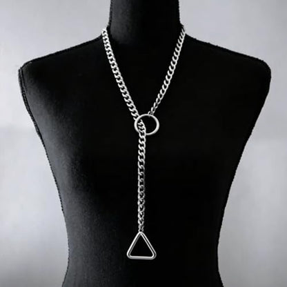 Heart O Ring Slip Chain Choker Necklace for Women Men Stainless Steel Cuban Chain Y-shape Necklaces Punk Rock Collar Adjustable Lariat Y Necklace Prom Necklaces Jewelry - color: Silver Triangular ring