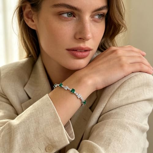 Women's Dainty Pink CZ Tennis Bracelet, 14K Gold Plated Sparkling Cubic Zirconia Chain Bracelet, Delicate Jewelry, Gift for Birthday, Wedding, Anniversary, Suitable for Party, Daily Wear - color: Green