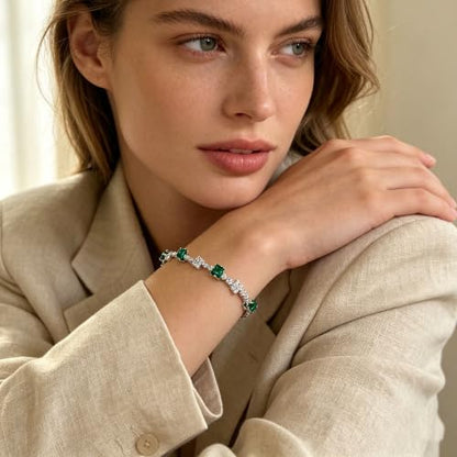 Women's Dainty Pink CZ Tennis Bracelet, 14K Gold Plated Sparkling Cubic Zirconia Chain Bracelet, Delicate Jewelry, Gift for Birthday, Wedding, Anniversary, Suitable for Party, Daily Wear - color: Green