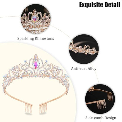 TAROSE Crowns for Women, Queen Crystal Gold Silver Tiaras Goddess Crown | with White Rhinestone and Combs, Wedding Bride Birthday Princess Bridal Shower Hair Accessories for Women - color: 1 D. Rose Gold+AB