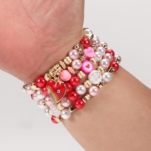 Ardorchid Halloween Bracelets for Women Pumpkin Ghost Steleton Bat Skull Beaded Stackable Stretchy Bracelet Rugby Thanksgiving Christmas Heishi Bracelets - color: Valentines -C