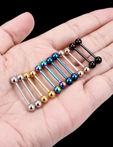 14G Threadless Tongue Rings Piercing Jewelry Surgical Steel Straight Barbell Nipple Tongue Ring Piercing Jewelry For Women Men 14MM 16MM Bar Length Ball Size 5MM Mix Color - size: 14 Gauge-16MM Length Bar