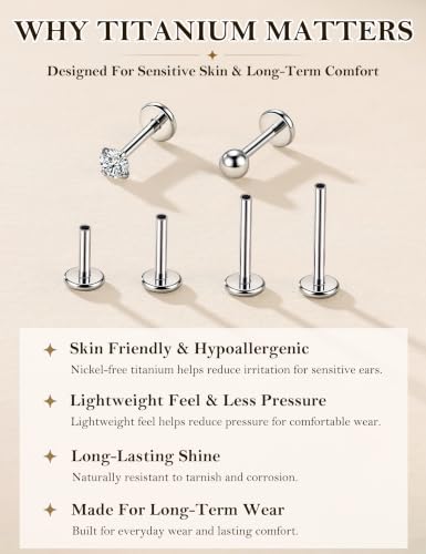 Titanium Flat Back Earrings, 7 Post Length Options, 18G Cartilage Earrings for Sensitive Ears Women Men, Internally Threaded Stud Earrings with CZ & Ball Tops, Helix Tragus Conch Piercing Jewelry