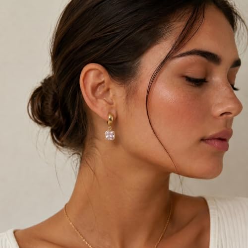 Gold Dangle Earrings for Women, 14K Gold Plated Chunky Hoop Earrings with Charms Cubic Zirconia Drop Earrings Statement Jewelry for Women - color: Gold C