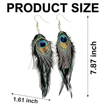 Feather Earrings for Women, Sterling Silver Hook Boho Style Peacock Long Feather Jewelry - color: Peacock Feather-5