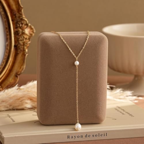 Natural Freshwater Pearl Lariat Necklace, 18K Gold Plated Y-Drop Necklace for Women, Hypoallergenic