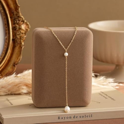 Natural Freshwater Pearl Lariat Necklace, 18K Gold Plated Y-Drop Necklace for Women, Hypoallergenic