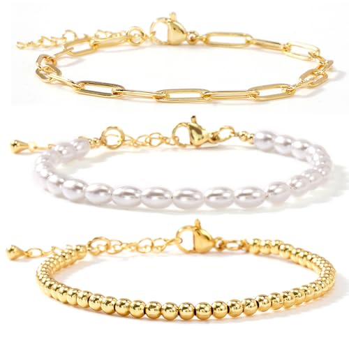 14K Gold Plated Beaded 3Pcs Stack Bracelets for Women, Dainty Trendy Freshwater Stackable Pearl Paperclip Cross Chain Gold Balls Stretch Accessories Jewelry Vacation Gift - color: paperclip
