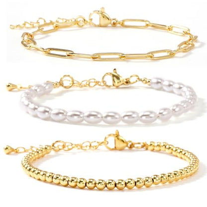 14K Gold Plated Beaded 3Pcs Stack Bracelets for Women, Dainty Trendy Freshwater Stackable Pearl Paperclip Cross Chain Gold Balls Stretch Accessories Jewelry Vacation Gift - color: paperclip