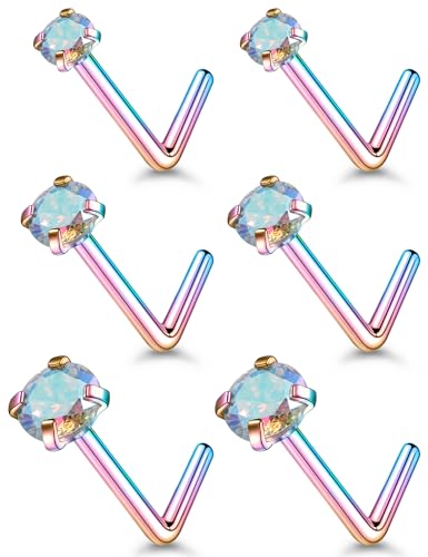 18G 20G 22G Stainless Surgical Steel Titanium Nose Rings Studs for Women L Shaped Nose Rings Screw Nose Studs Nostrial Piercing Jewelry for Women Men Silver Gold Black - style: 20G/AB CZ/L-shaped/Rainbow