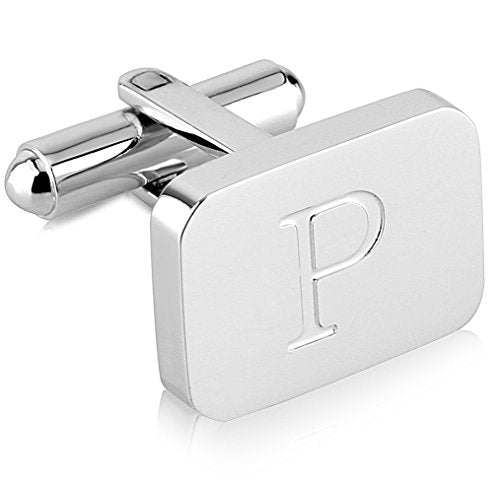 18K White-Gold Plated Initial Engraved Stainless Steel Men’s Cufflinks With Gift Box -Personalized Alphabet Letter’s A-Z By Lux & Pair - style: P- White Gold