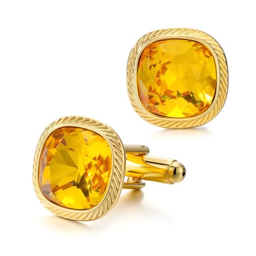 Crystal Cufflinks for Men, Shiny Cuff Links for Suit, in Gift Box, Business Cufflinks Accessories, Valentine's Day Birthday Gift for Groom Husband Dad - color: Yellow Crystal - Square
