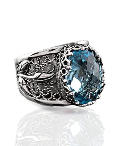 Filigranist 925 Sterling Silver Filigree Art Lace Embroidery Tulip Detailed Gemstone Women Cocktail Ring, Luxurious Gift Boxed - color: Blue Topaz