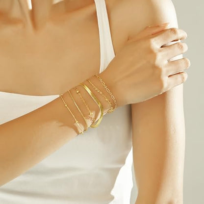 Wgoud Waterproof Gold Bracelets for Women Trendy, Dainty 14K Real Gold Plated Fashion Stackable Bracelet Sets for Women Thin Cuban Link Paperclip Chain Bracelets Layered Gold Jewelry Sets Gifts for Womens - color: 6Pcs Gold Bracelet A