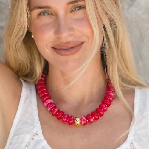Beaded necklace for Women Boho Bead Gemstone Chunky Necklace Big Bead Necklace Fashion Trendy Summer Necklaces Jewelry Gifts - color: Rose Red&GD Beaded