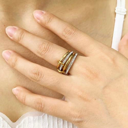 Gold Stackable Rings for Women Non Tarnish, 18k Gold Plated Cubic Zirconia Rings, Silver Multi-Link Connected Knuckle Women Stack Rings Set - color: Gold 3, size: 6