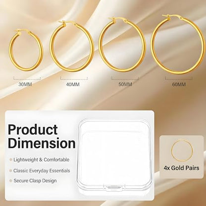 4 Pairs Silver Gold Hoop Earrings for Women,30/40/50/60 mm Stainless Steel 14K Silver Gold Plated Loop Earrings for Women Hypoallergenic Fashionable Lightweight Big Women Earrings Loop Earrings Set - color: Gold-30/40/50/60mm