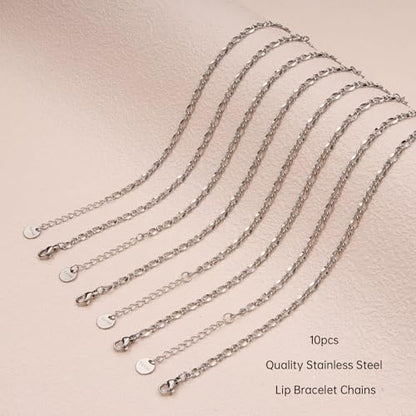 UMAOKANG 10pcs Stainless Steel Lip Chain Bracelet Bulk for Jewelry Making | Silver Charm Bracelets Adjustable Hand Chain Set Jewelry DIY Supplies - color: 10pcs Lip Steel