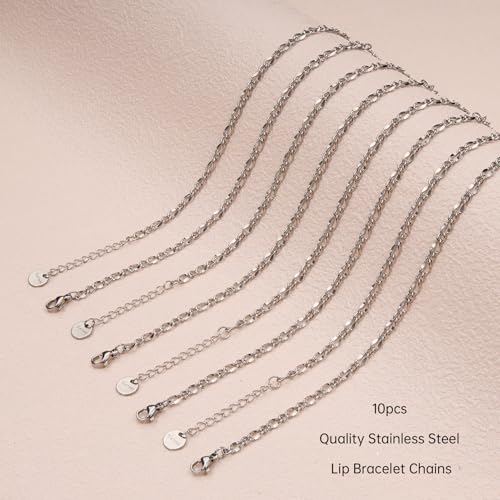 UMAOKANG 10pcs Stainless Steel Lip Chain Bracelet Bulk for Jewelry Making | Silver Charm Bracelets Adjustable Hand Chain Set Jewelry DIY Supplies - color: 10pcs Lip Steel