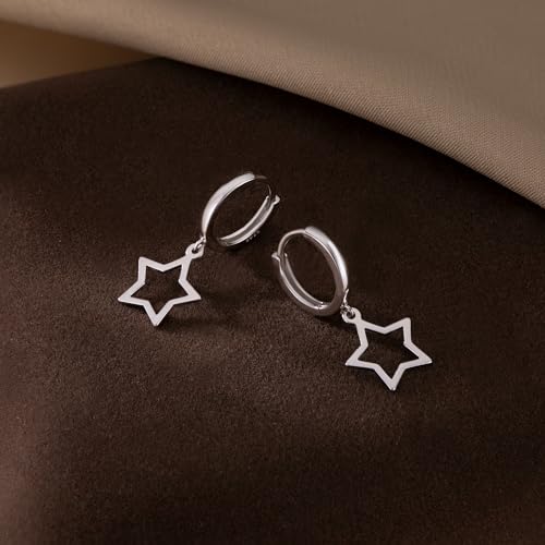 Reffeer Solid 925 Sterling Silver Star Hoop Dangle Earrings for Women Teen Girls Star Drop Earrings Huggie - color: A-Silver