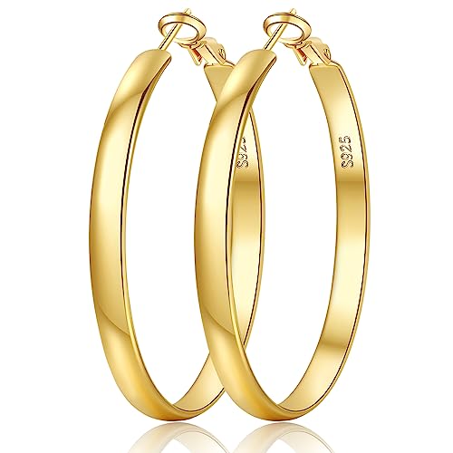 EXGOX 5mm Wide Gold Hoop Earrings for Women,Sterling Silver Hoop Earrings Large Silver Hoop Earrings Hypoallergenic Lightweight 14K Real Gold Plated Big Hoop Earrings for Women 30/40/50/60/70mm - color: Gold Color/60MM