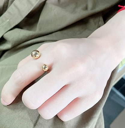 NewZenro 18K Real Gold Plated Ball Statement Open Ring Dainty Minimalist Stainless Steel Double Balls Promise Adjustable Finger Band Engagement Rings for Women Her Girlfriend Jewelry Gifts