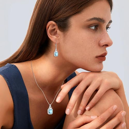 Created Gemstone Necklace 925 Sterling Silver Halo Rectangular Pendant Birthstone Necklaces Jewelry Gifts for Women - color: 03 March - Aquamarine