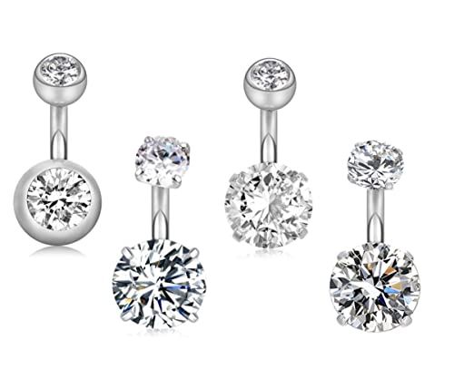 YHMM 14G 6mm Short Bar, 10mm Normal Bar Stainless Steel Belly Button Rings Round Cubic Zirconia Navel Barbell Stud Body Piercing - color: 6mm bar,4Pcs Silver