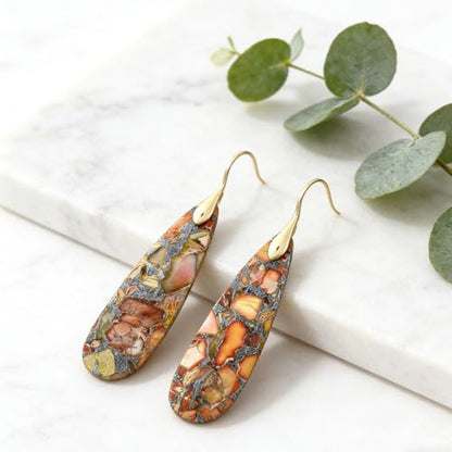 Boho Natural Imperial Jasper Teardrop Dangle Earrings for Women – Hypoallergenic French Hook Stone Drop Earrings Jewelry - color: Orange Golden Hook