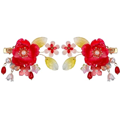 A Pair Wedding Hair Clips, Handmade Floral Design Alligator Crystal Hair Clips Pearl Barrettes, Rhinestones Flower Clips Pearl Headpieces Hair Pins Hair Accessories for Women Girls (Red) - color: Red