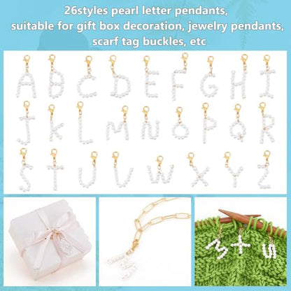 PH PandaHall 26pcs A~Z Pendants Imitated Pearl Charms Alphabet Letter Charms with Golden Alloy Lobster Claw Clasps for Jewelry Bracelet Necklace Making Shoes Deco DIY Crafting, 35~52mm