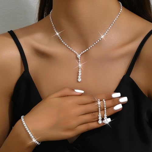 MIFYNN Rhinestone Wedding Set for Women Sparkle Crystal Earrings Necklace Bracelet Jewelry Set Wedding Party Prom Jewelry Set for Brides Bridesmaid - color: Silver