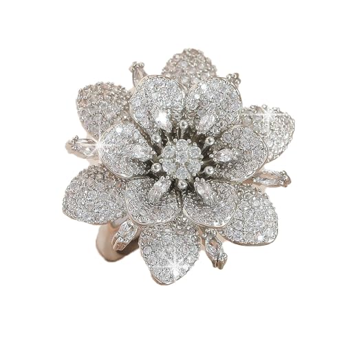Kokoma Double Layered Rhinestone Flower Ring for Women Cubic Zirconia Geometry Sunflower Wrap Finger Band Adjustable Open Bands Rings Engagement Jewelry - color: Silver
